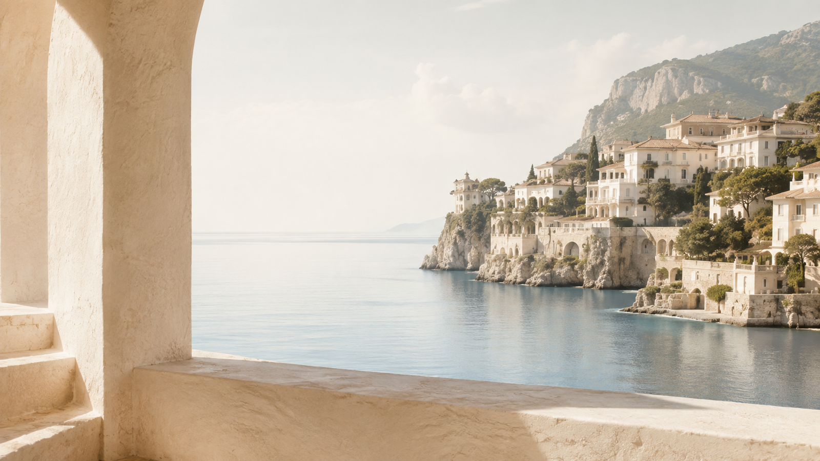 Mediterranean coast viewed through a warm stucco arch