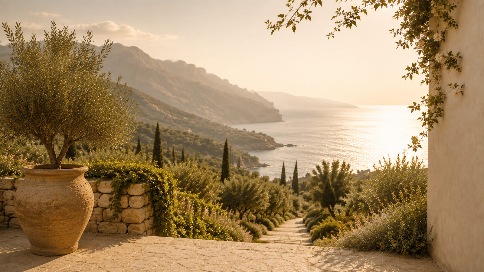 Sunlit Mediterranean garden overlooking the coast